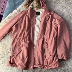 Pink Cargo Coat with Fur Trim Hood